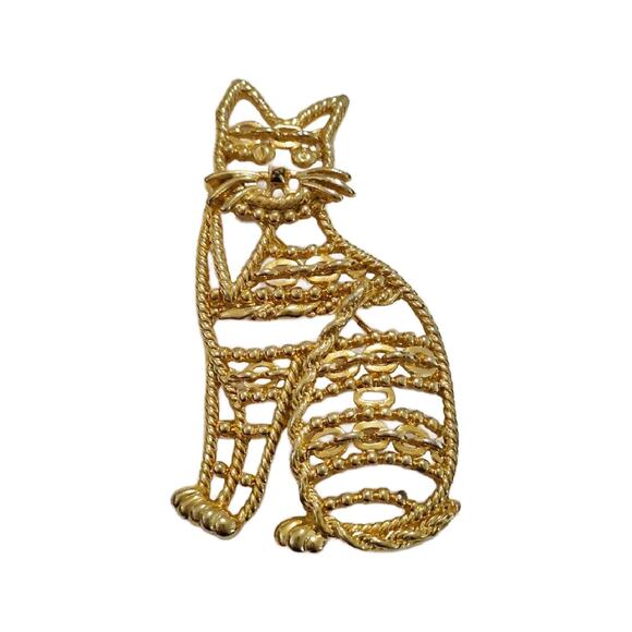 Vintage AJC Gold Tone Open Work Cat Brooch, 3" Tall - Picture 10 of 10